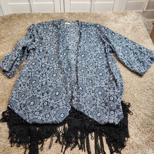 Hollister Womens XS Navy Blue Medallion Print Fringe Kimono Cardigan Open Front